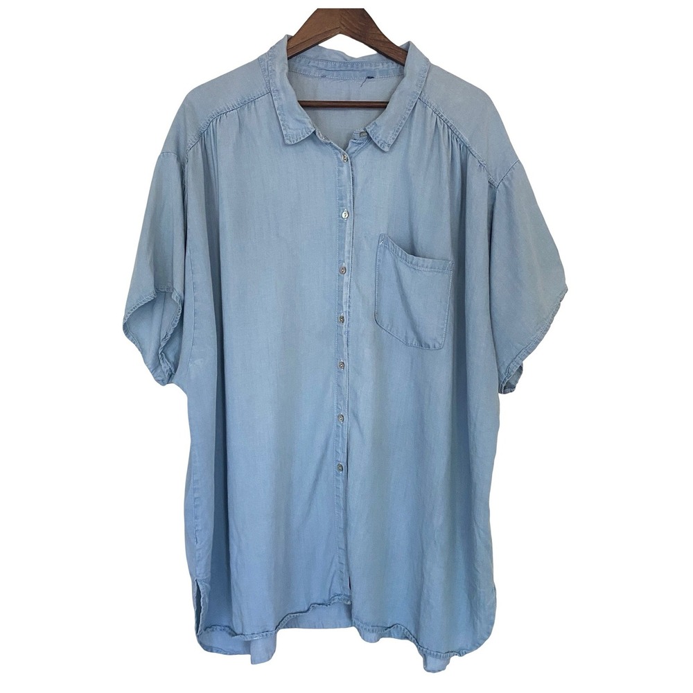 Tencel Button Down Womens Shirt 3X Blue Short Sleeve Chambray Blouse